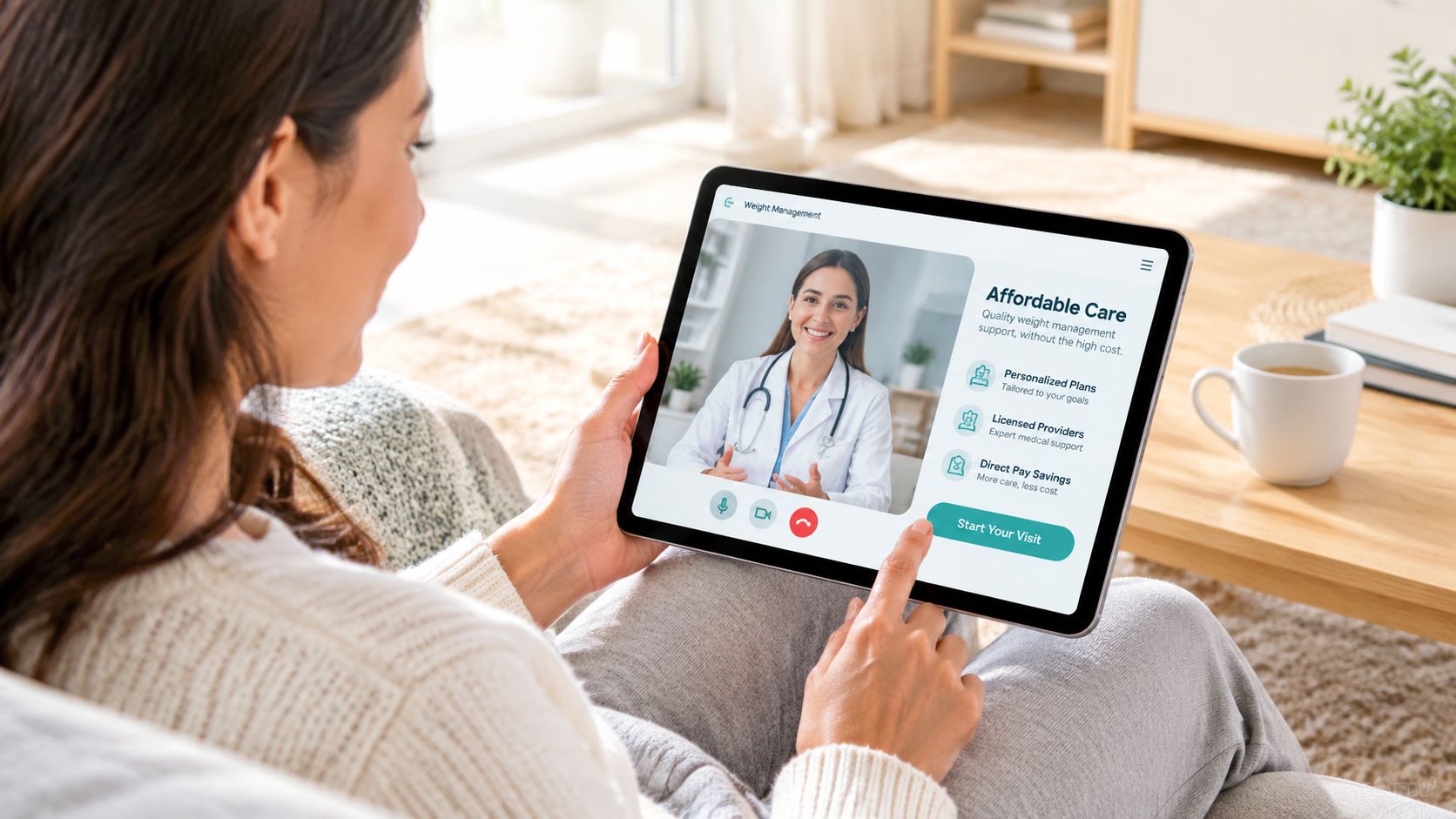 A woman using a tablet for a virtual consultation about affordable weight management and medical plans.