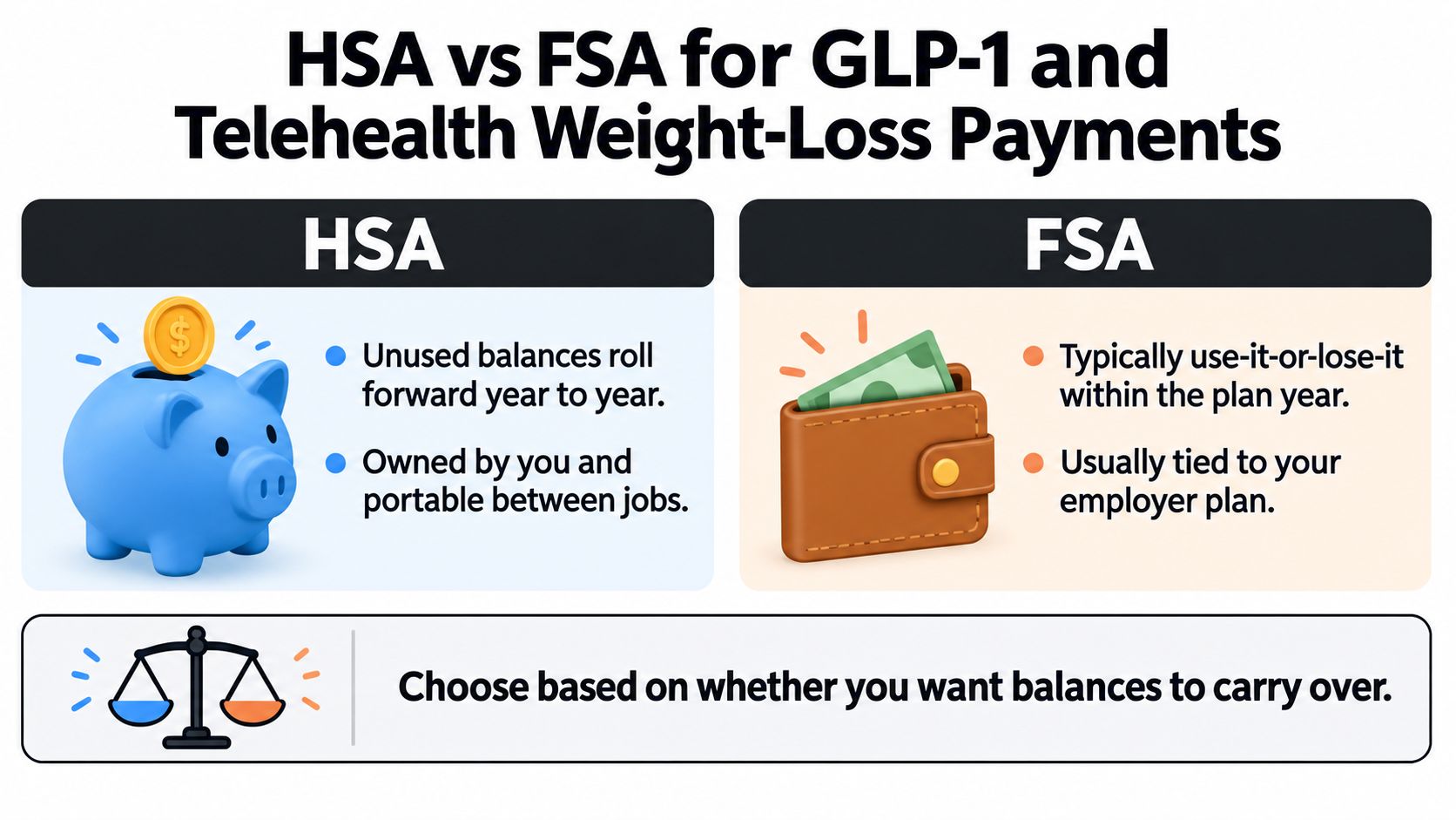 A comparison chart showing the differences between HSA and FSA accounts for weight-loss payment options.