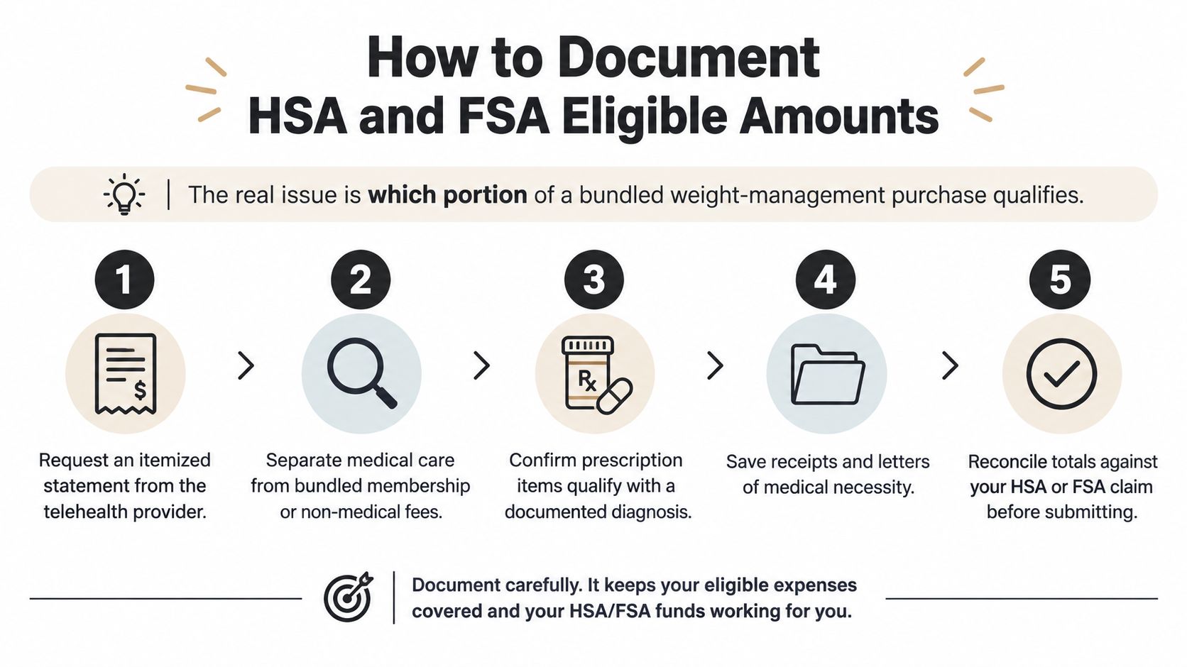 A five-step guide on how to document weight-management purchases for HSA and FSA eligible expense reimbursement.