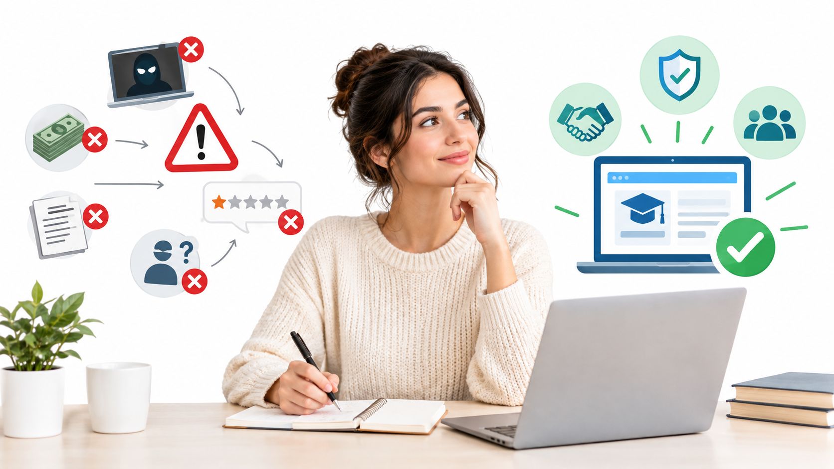 A smiling woman sitting at a desk with a laptop, comparing secure and insecure online services.