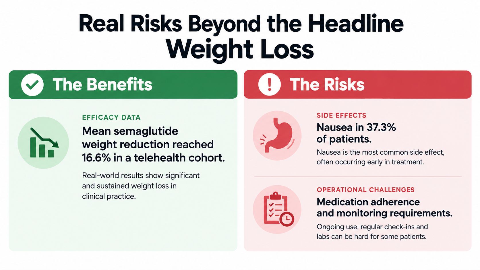An infographic comparing the benefits and risks of telehealth-based semaglutide treatment for weight loss.