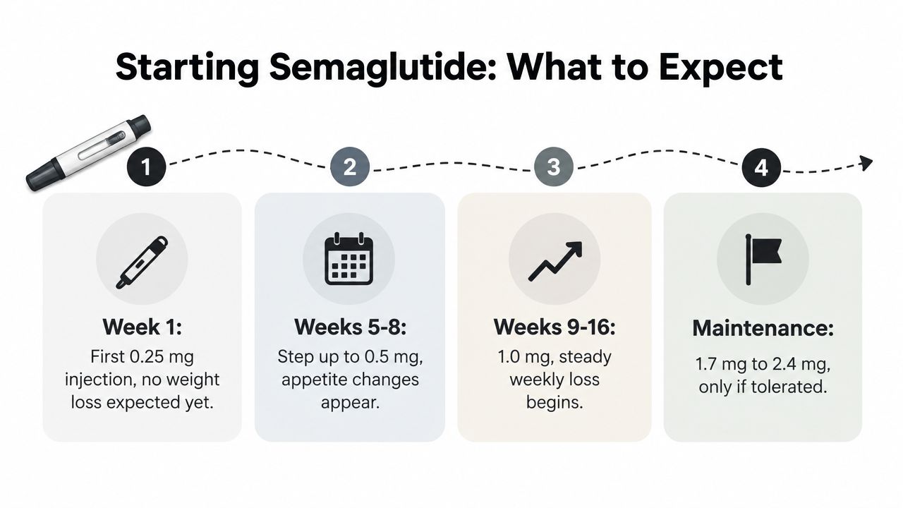 A diagram outlining the typical semaglutide weight loss dose escalation schedule from week one to maintenance.