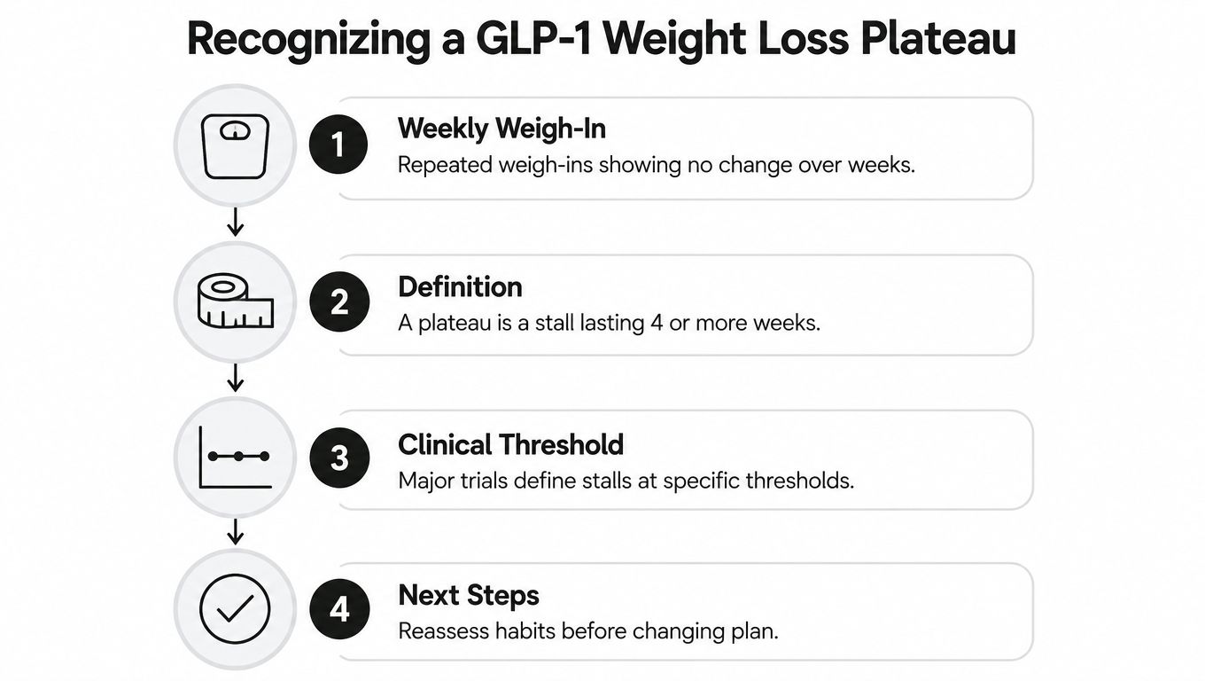 A four-step infographic illustrating how to identify and recognize a GLP-1 weight loss plateau.