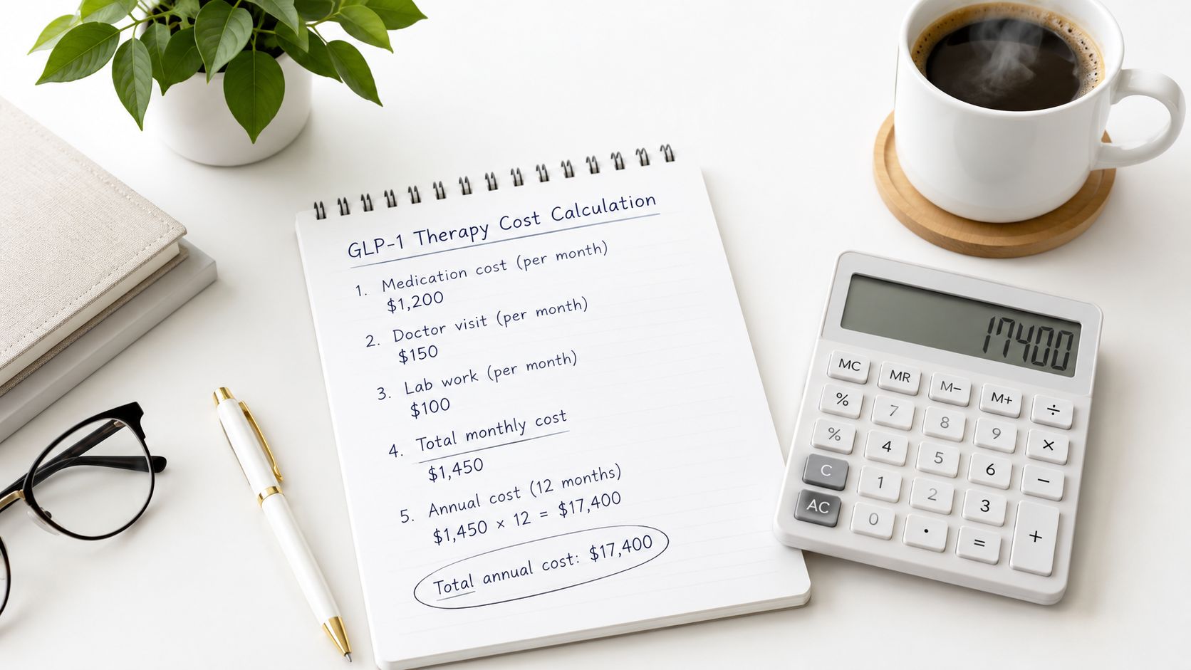 A notepad on a white desk showing the annual cost calculation for GLP-1 weight loss therapy.