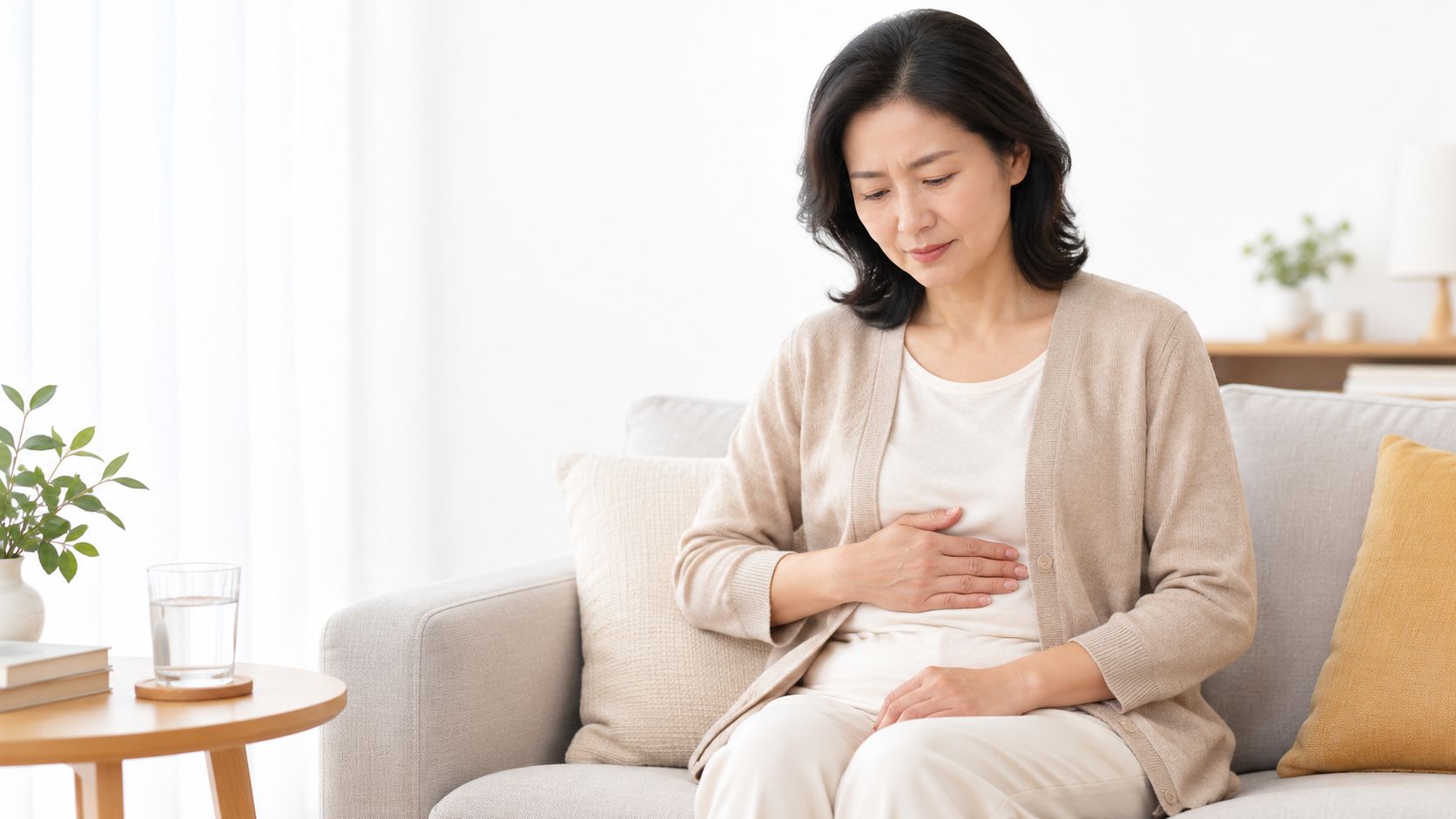 A middle-aged Asian woman sitting on a sofa while feeling discomfort and pain in her stomach.