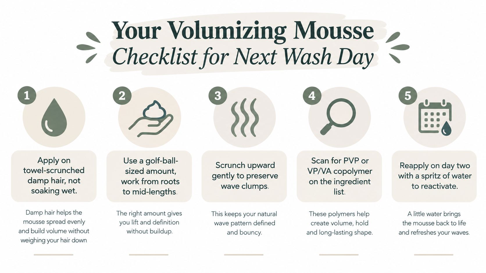 A five-step checklist illustrating how to properly apply volumizing mousse to wavy hair for best results.