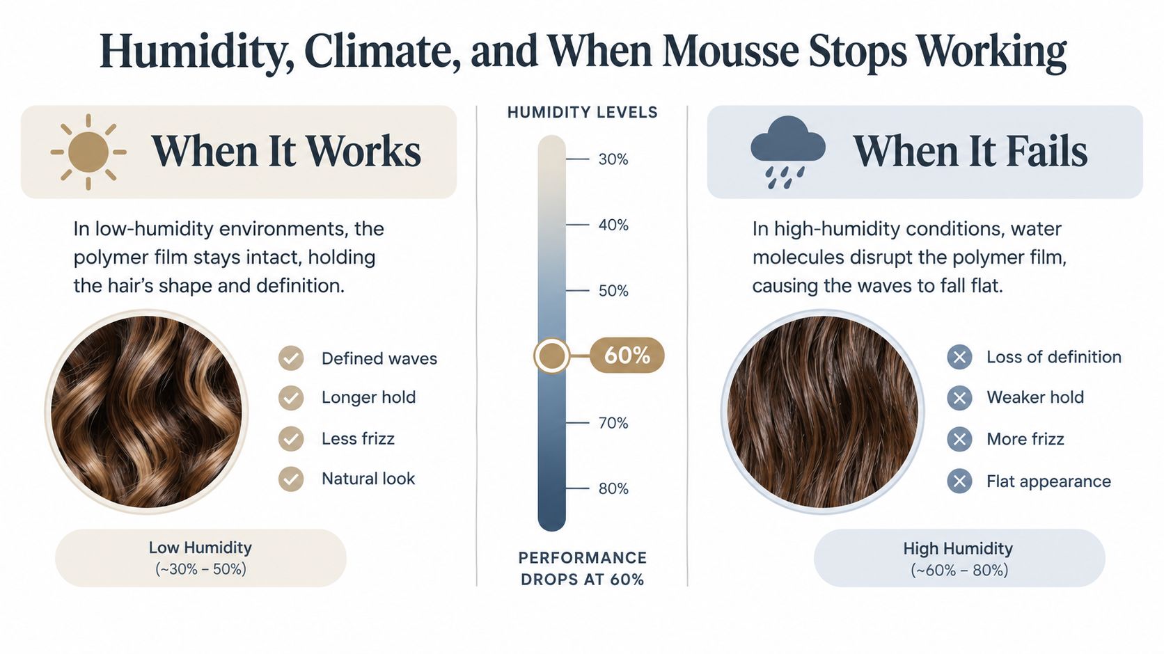 A diagram comparing how hair mousse performance changes between low-humidity and high-humidity environments.