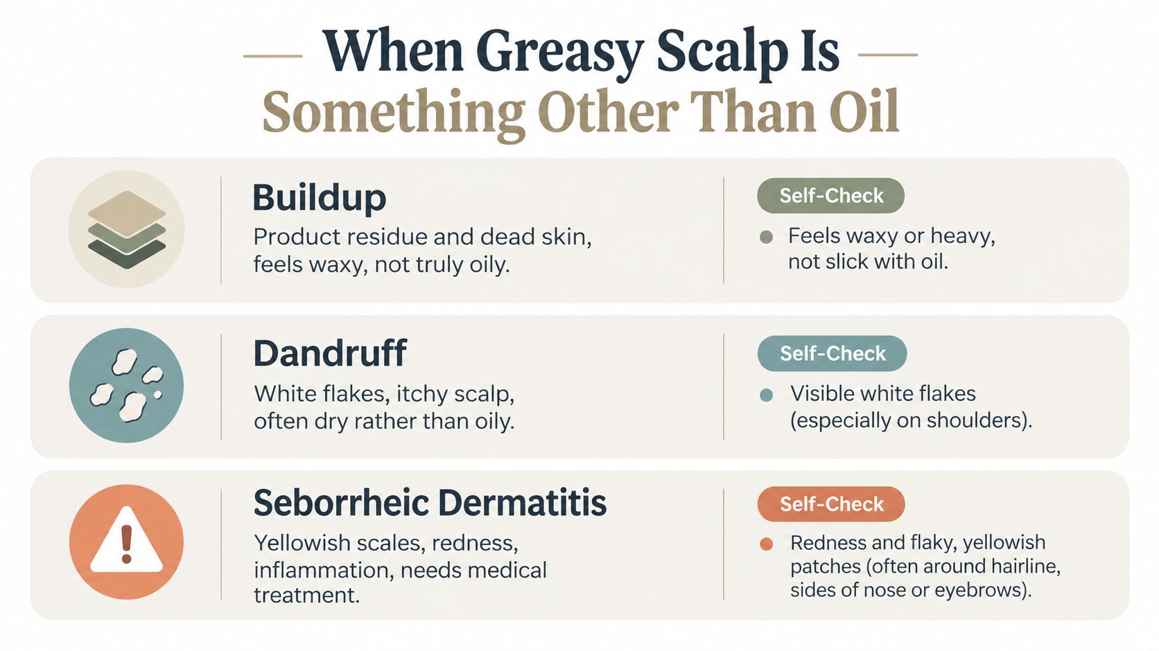 An educational infographic explaining common causes of a greasy scalp, including product buildup, dandruff, and seborrheic dermatitis.