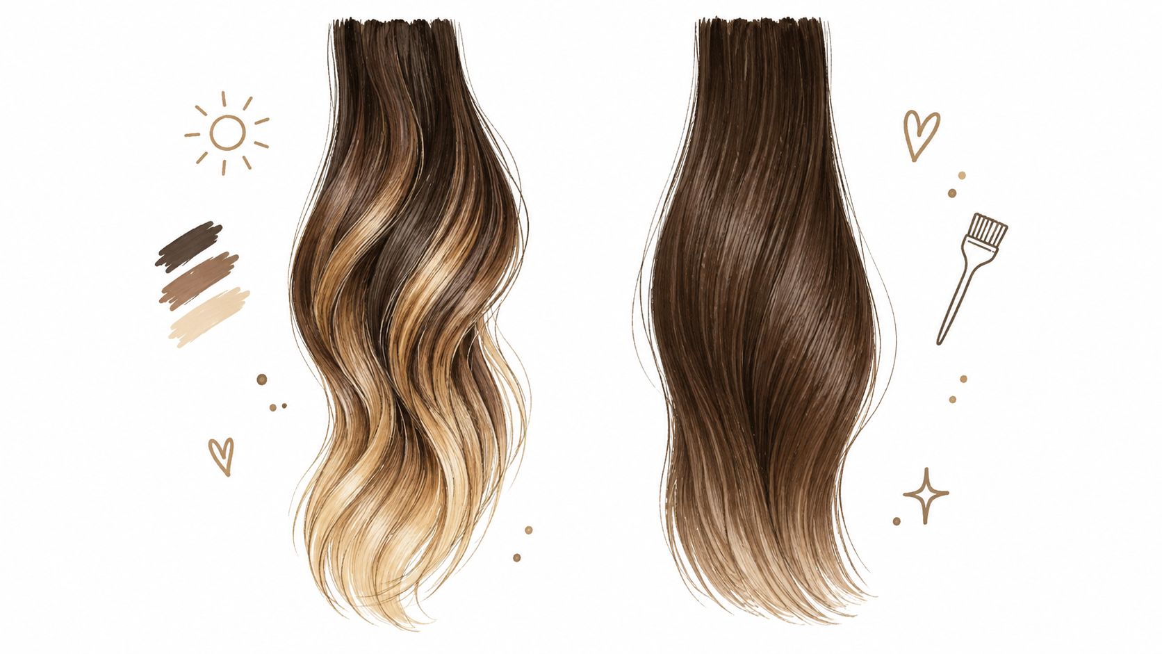 A split illustration showing two hair swatches showcasing different balayage coloring techniques on brown hair.