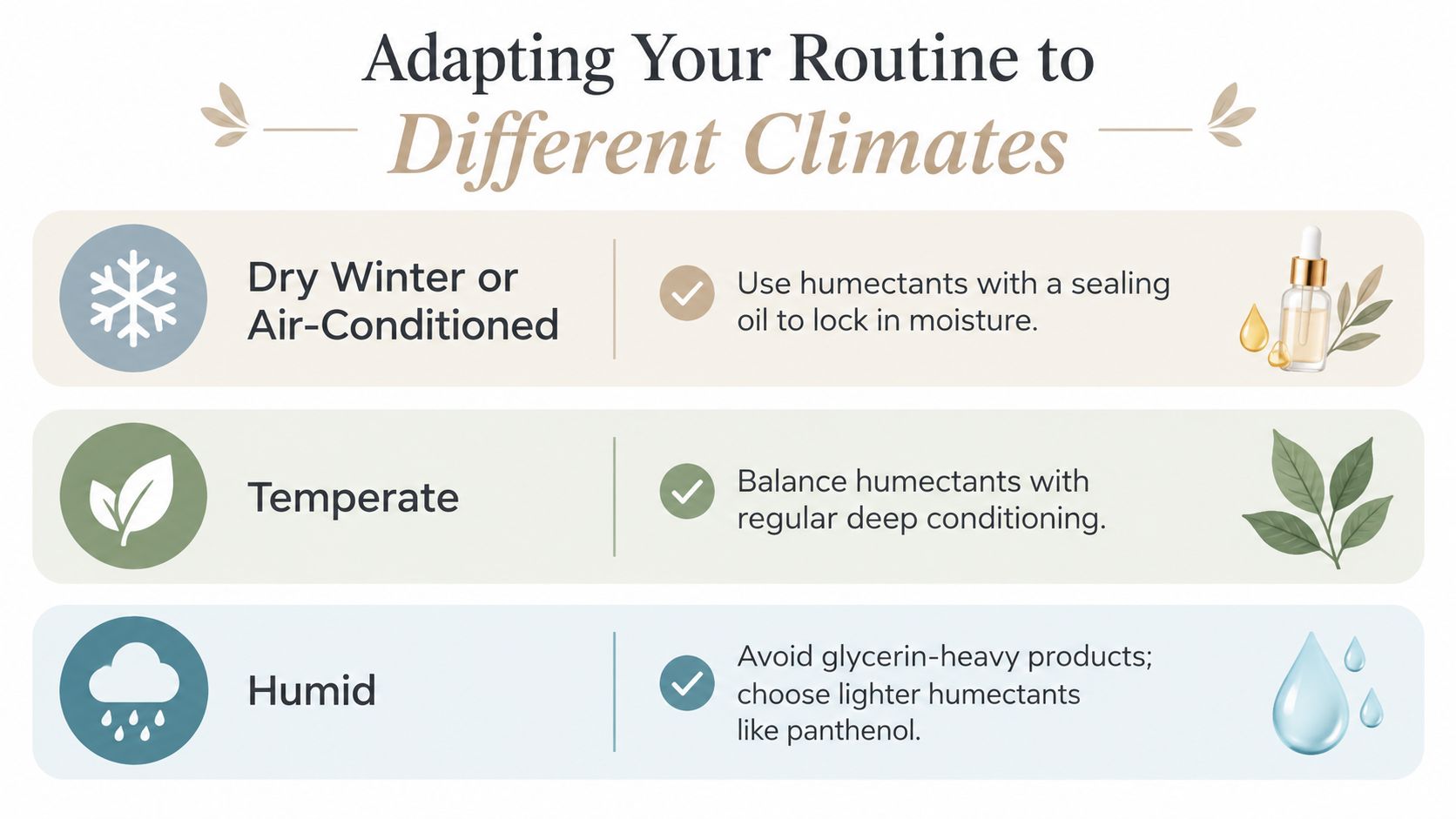 A chart showing how to adapt your hair care routine to dry, temperate, or humid climate conditions.
