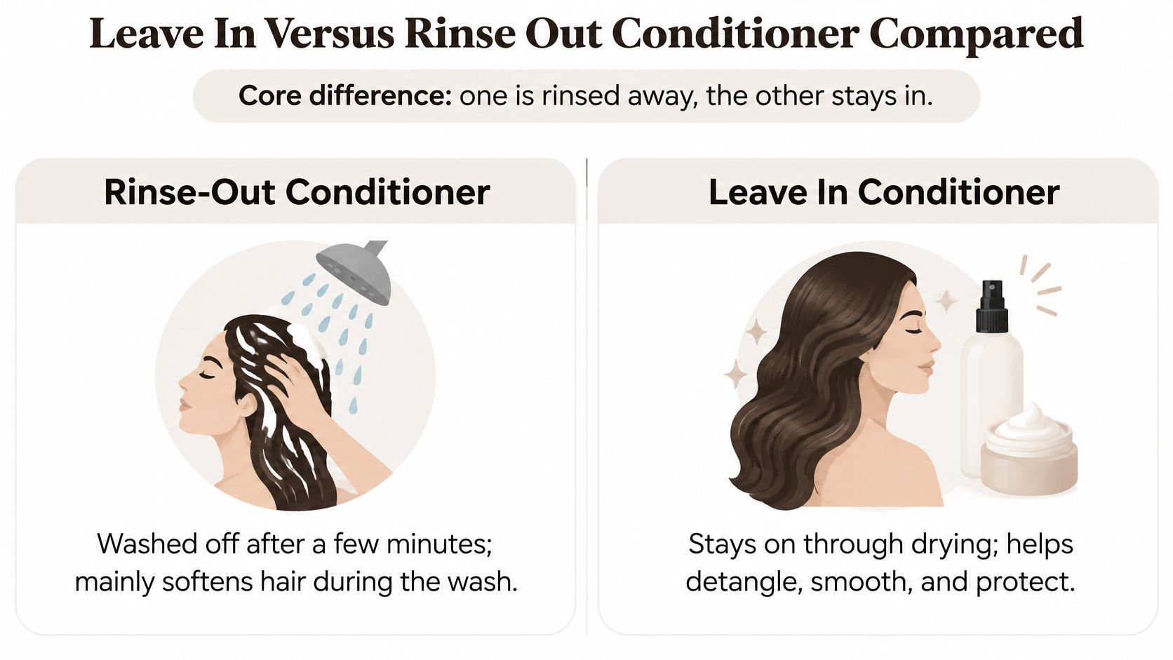 An infographic comparing the differences between rinse-out conditioner and leave-in conditioner for hair care routines.