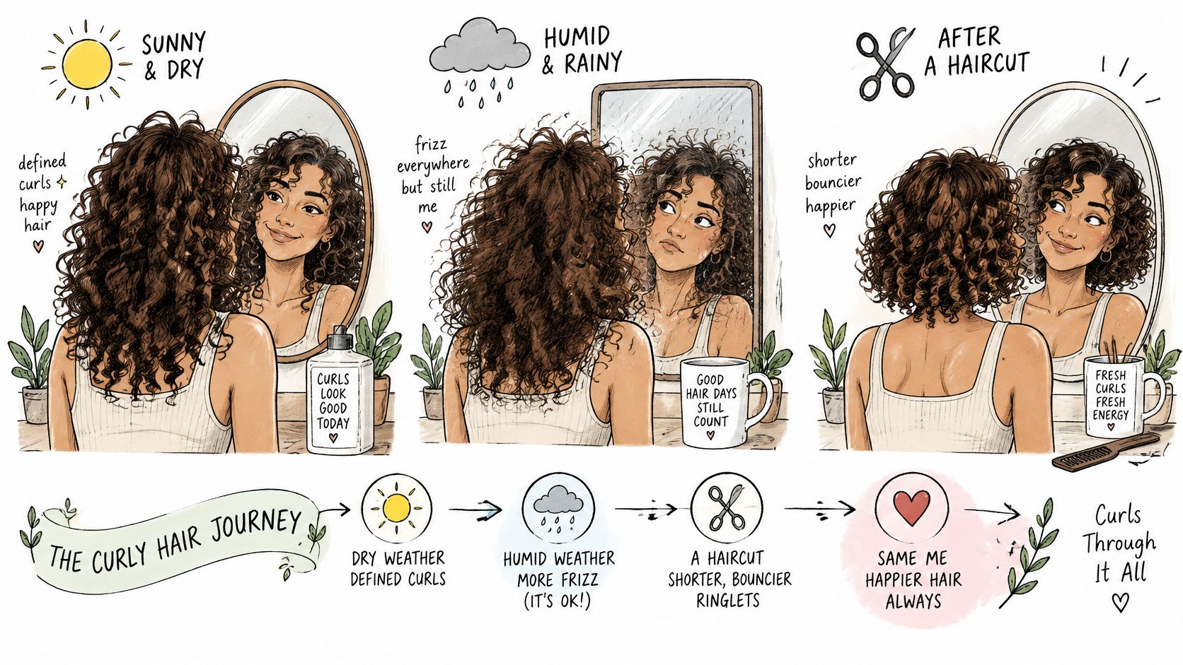 A cartoon illustration showing the curly hair journey through different weather conditions and a fresh haircut.