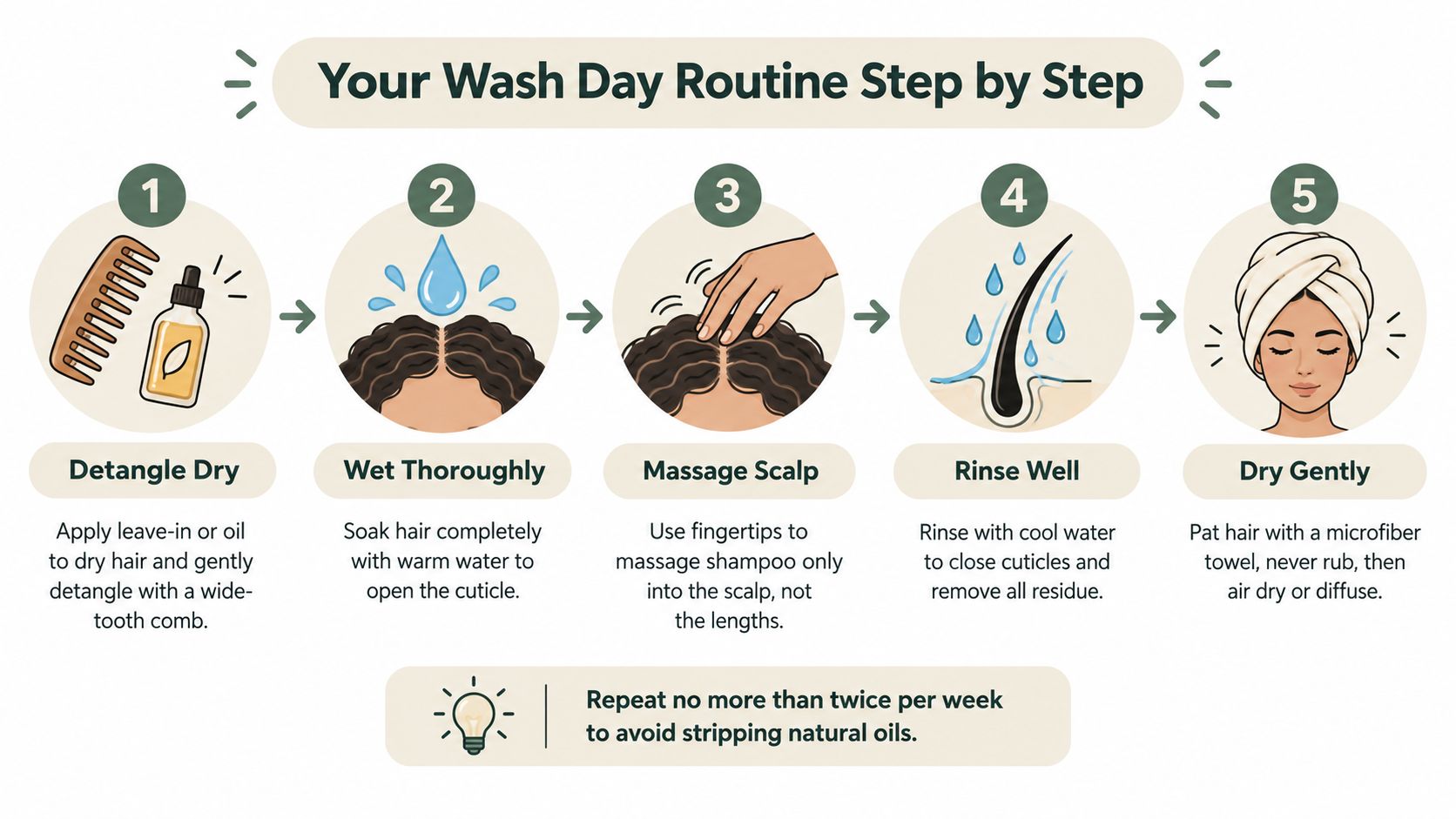 An infographic showing five steps for a wash day routine for healthy, clean hair care.