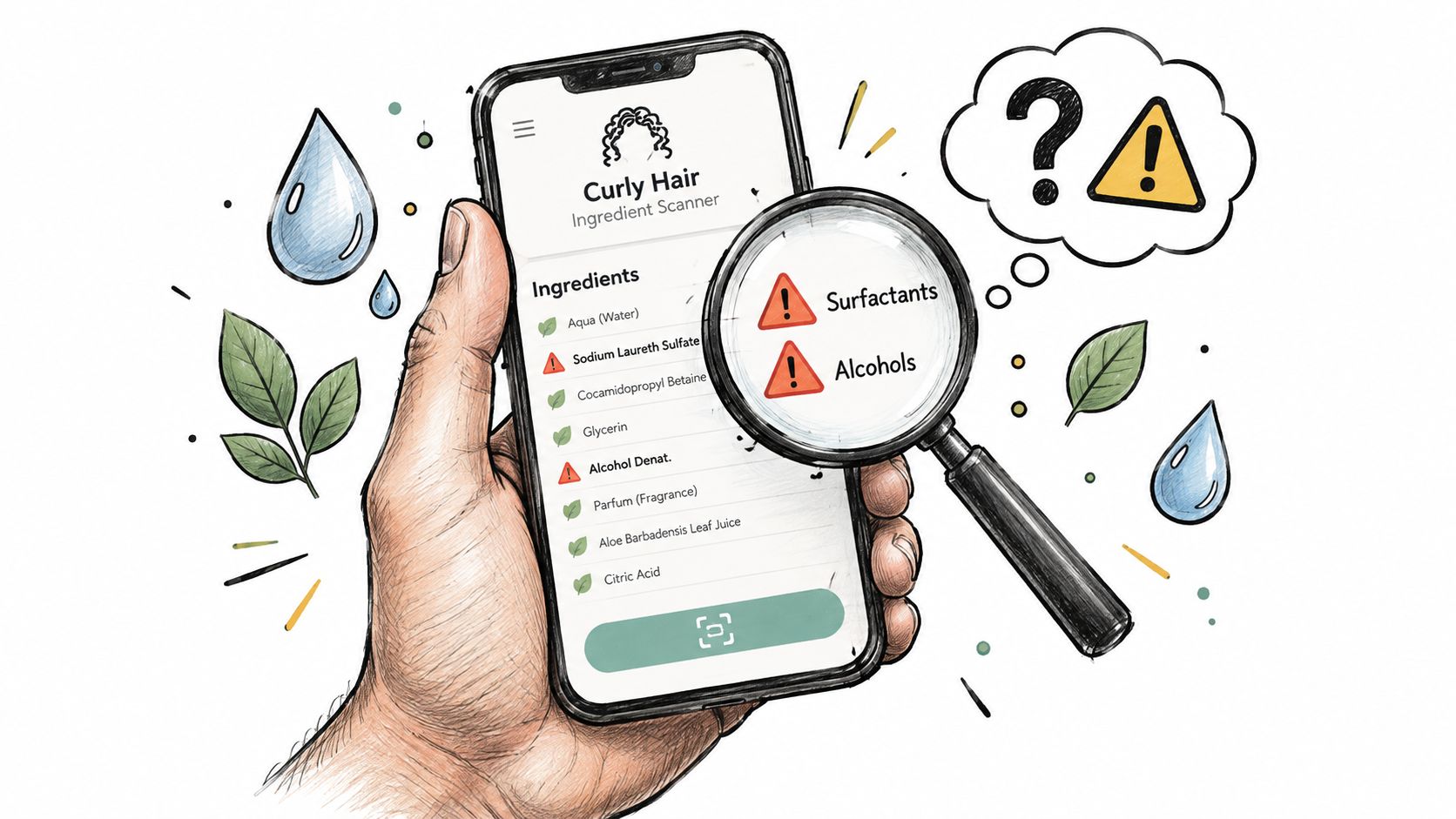 A hand holding a smartphone showing a curly hair ingredient scanner app with warning icons for surfactants and alcohols.