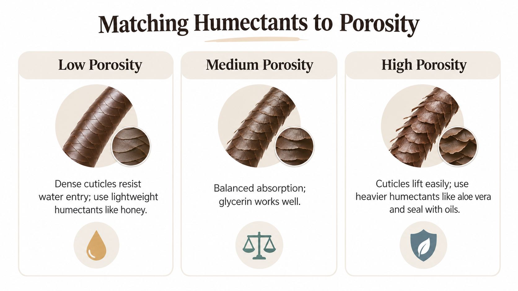 A diagram explaining how to match different humectants to low, medium, and high hair porosity levels.