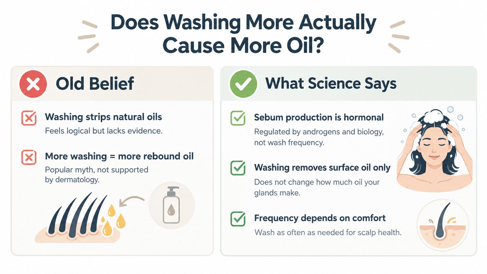An infographic titled Does Washing More Actually Cause More Oil comparing old myths to scientific facts about hair.
