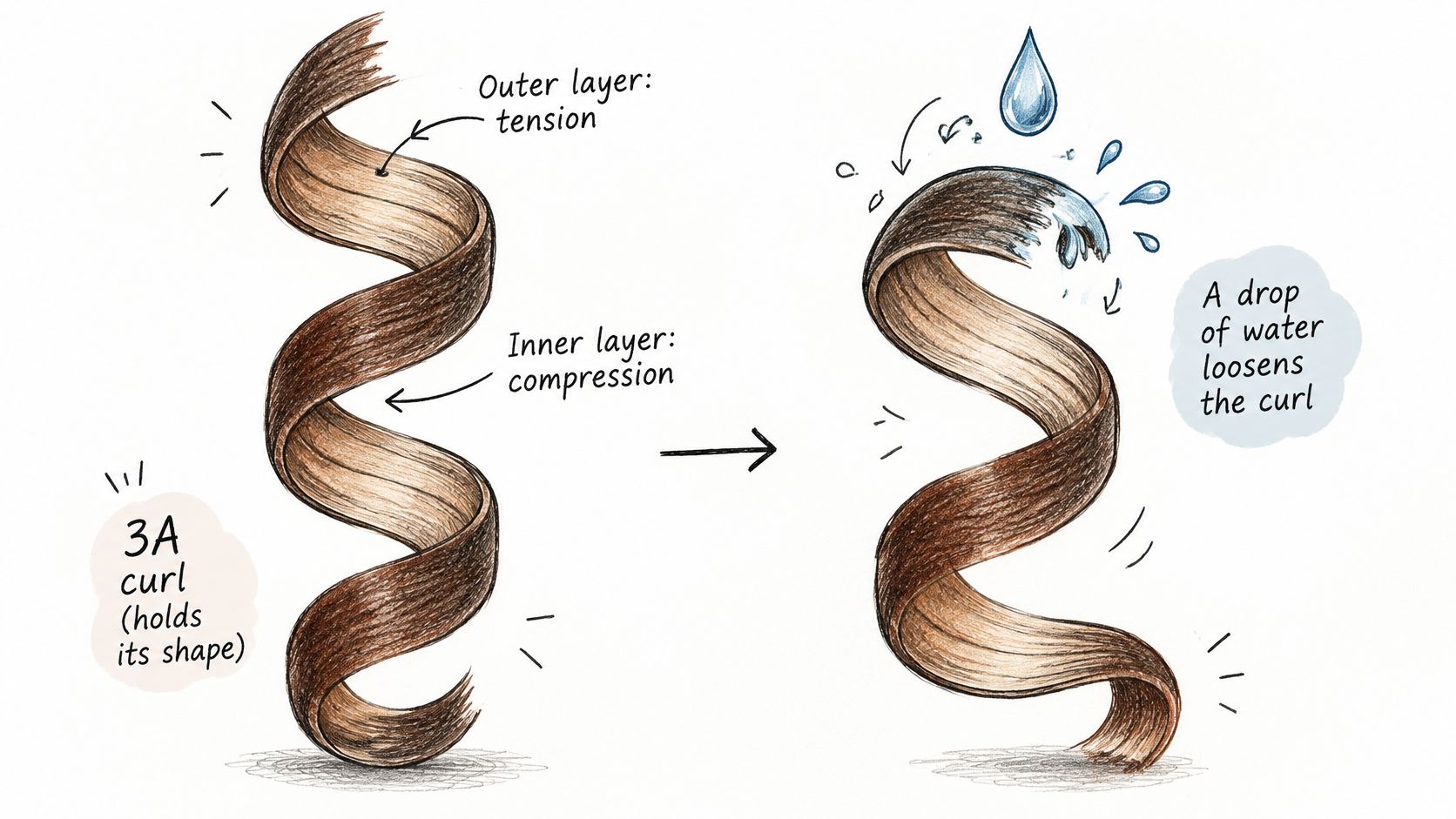 An illustration showing a 3A curl structure with tension and compression, being loosened by a water drop.