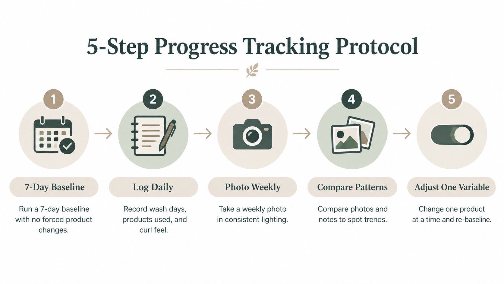 A five-step progress tracking protocol infographic for monitoring curly hair care routines and product efficacy.