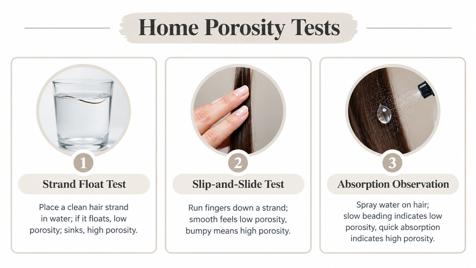 A diagram illustrating three different home porosity tests to determine hair health including floating, sliding, and absorption.