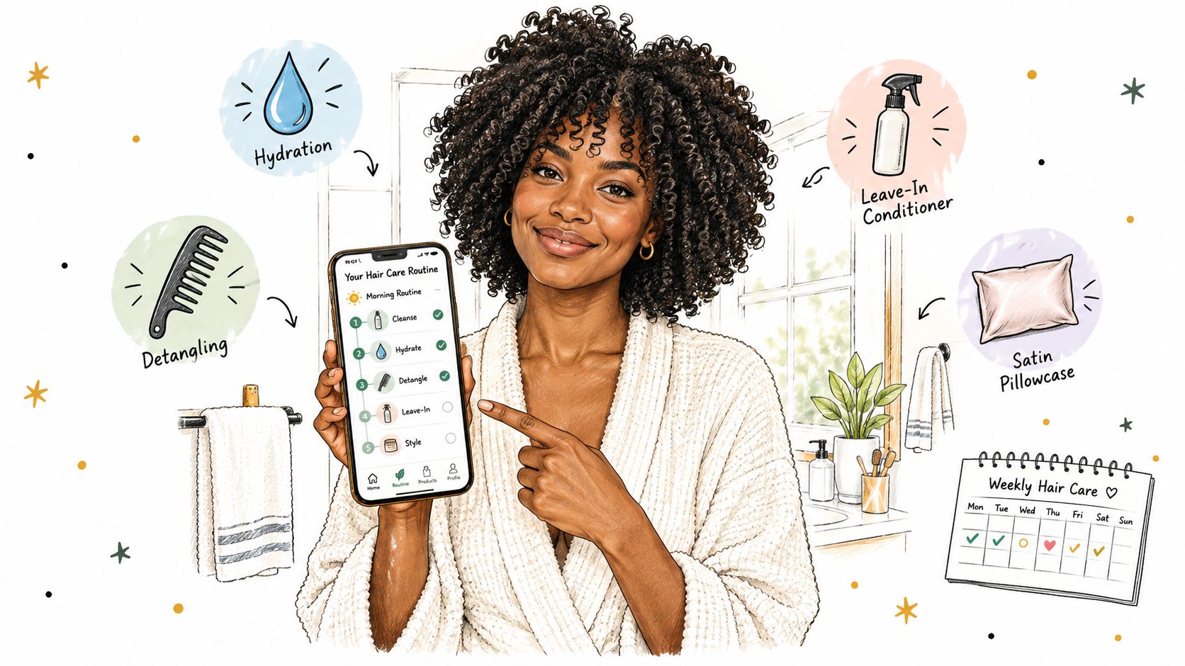 A woman smiling and holding a smartphone displaying a personalized hair care routine app interface with icons.