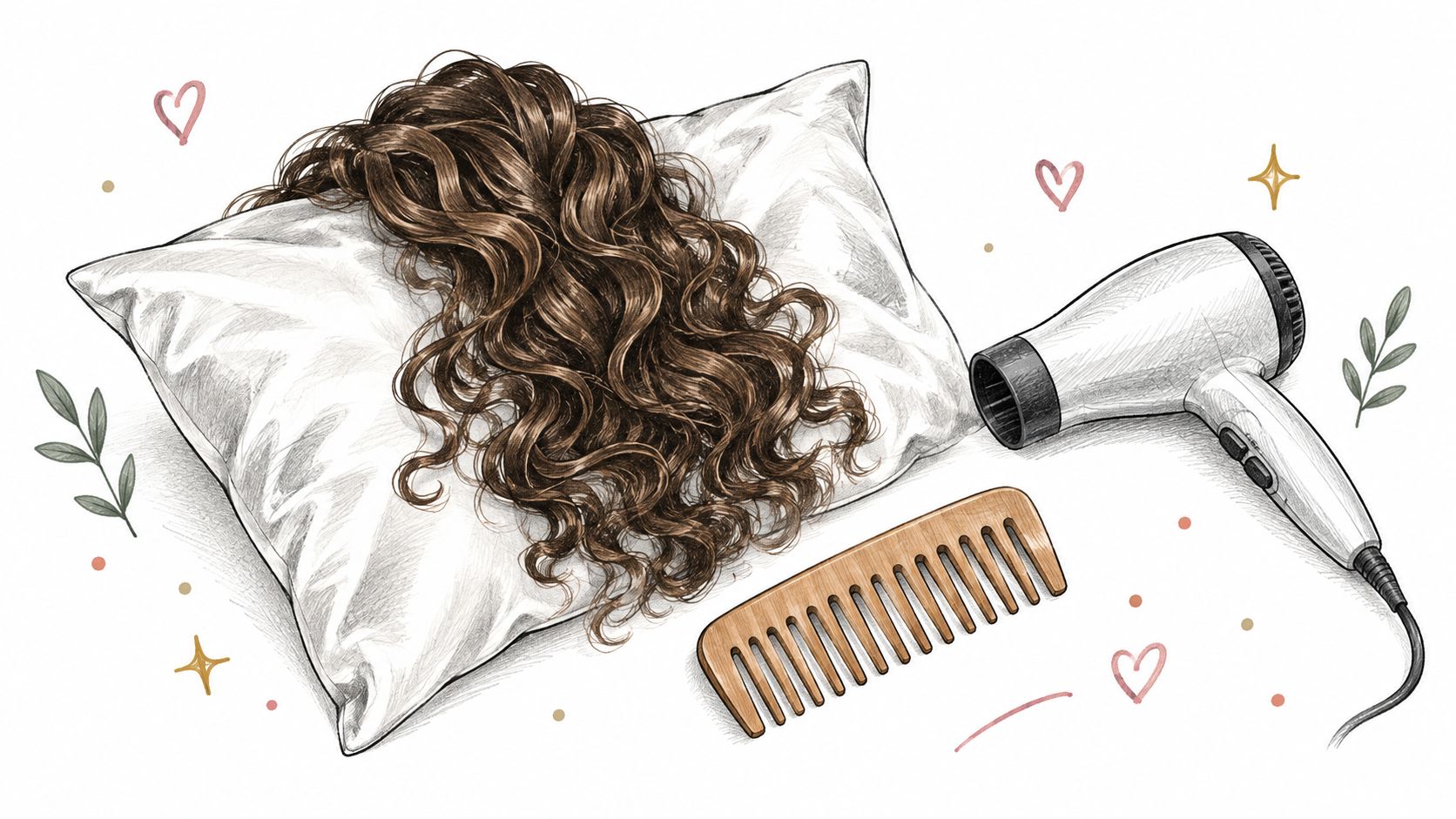 A hand-drawn illustration of curly brown hair on a pillow, a wooden comb, and a hair dryer.