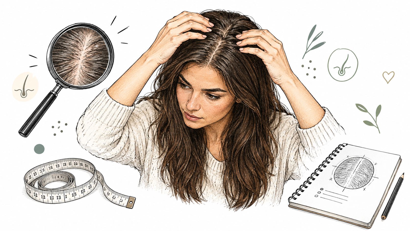 A woman inspecting her scalp with a magnifying glass while taking notes in a hair journal.