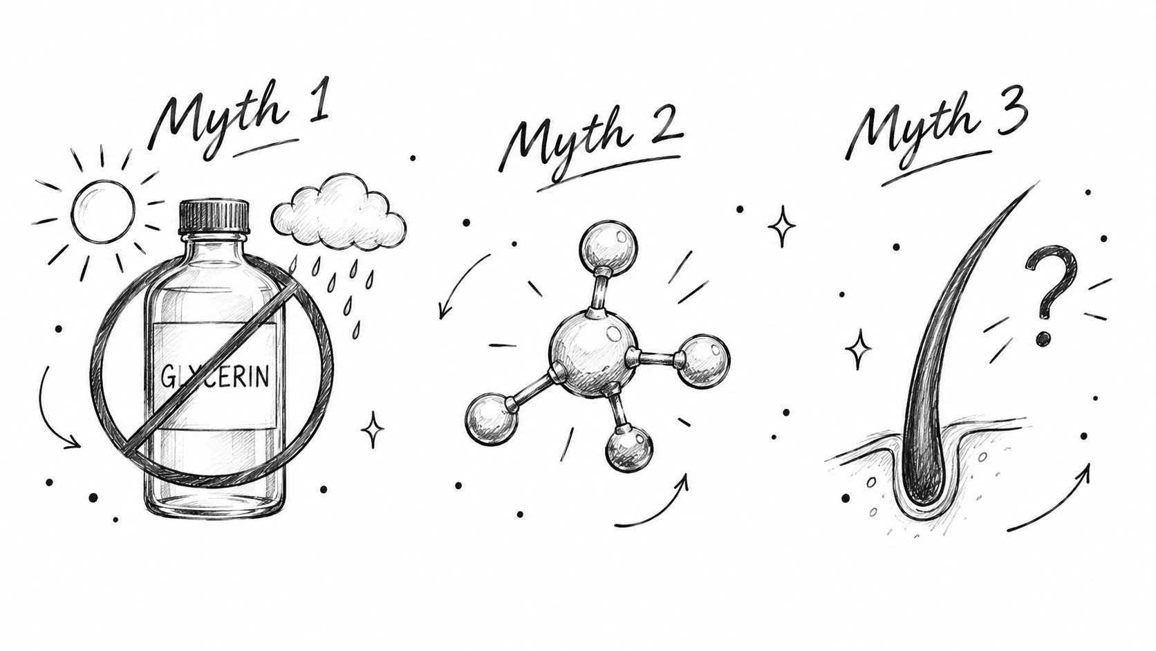 A hand-drawn illustration depicting three common myths about humectants, featuring glycerin, molecular structures, and hair follicles.