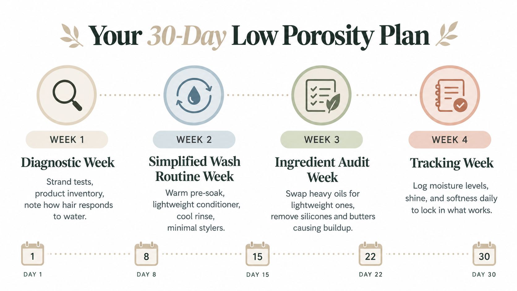 A 30-day plan infographic for managing low porosity hair with weekly steps and diagnostic tasks.