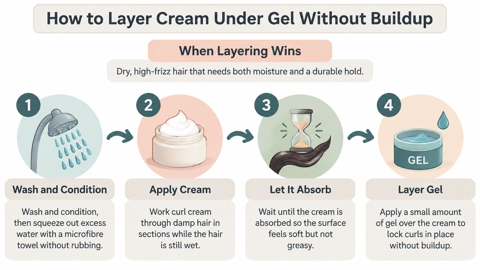 A four-step infographic illustrating how to properly layer hair cream and gel to prevent product buildup.