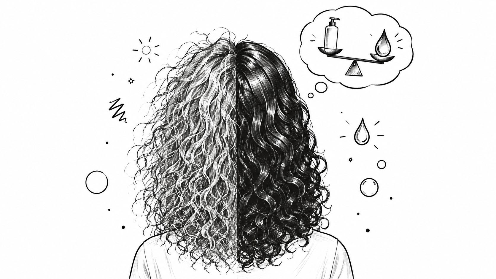 A black and white drawing illustrating the difference between dry, frizzy hair and healthy, hydrated hair.