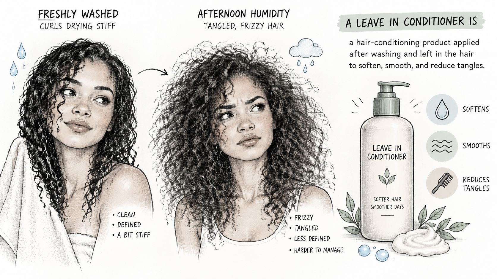An educational illustration showing how leave-in conditioner helps manage frizzy, tangled hair throughout the day.