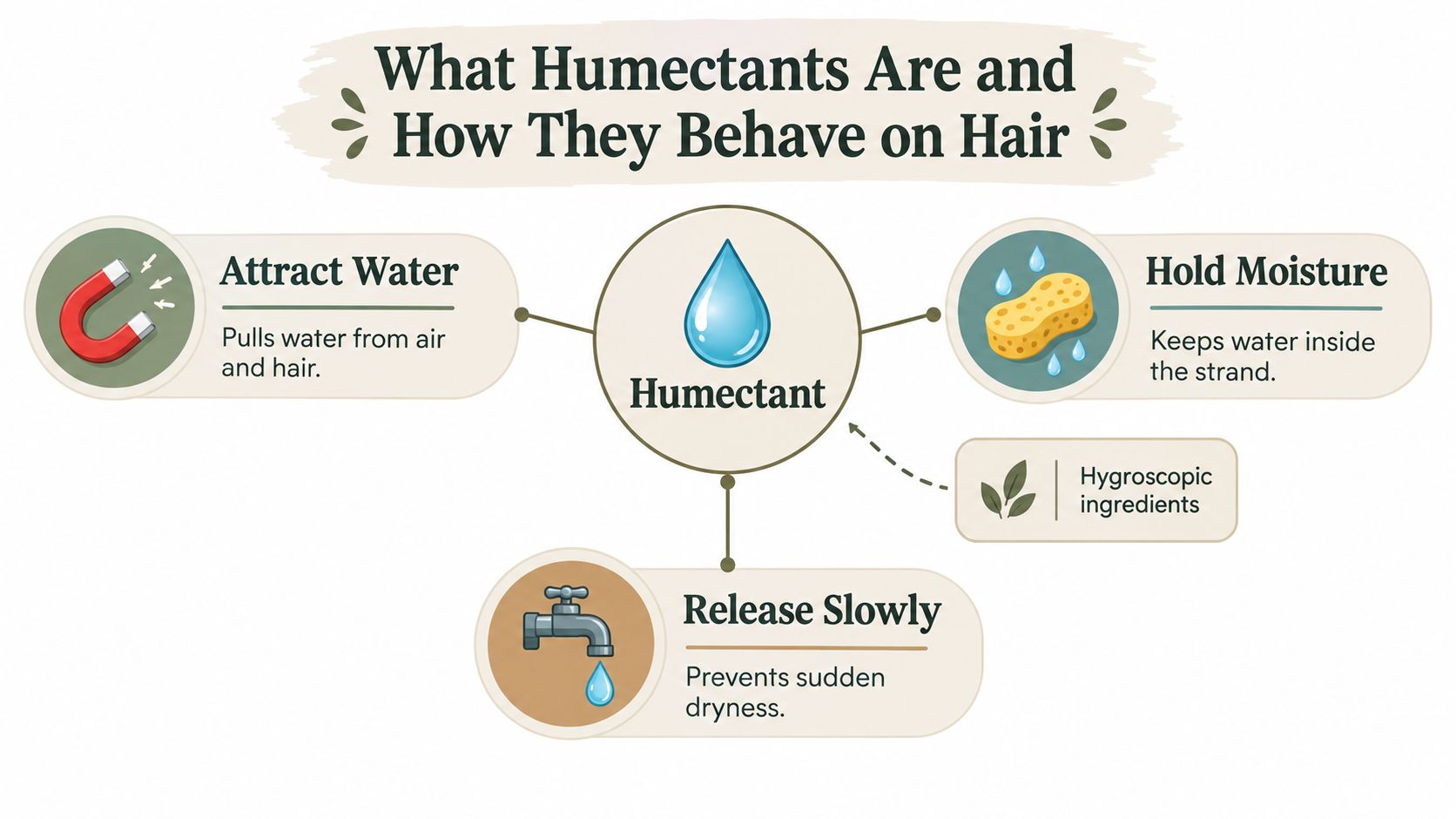 An infographic explaining how humectants work by attracting water, holding moisture, and releasing it slowly on hair.