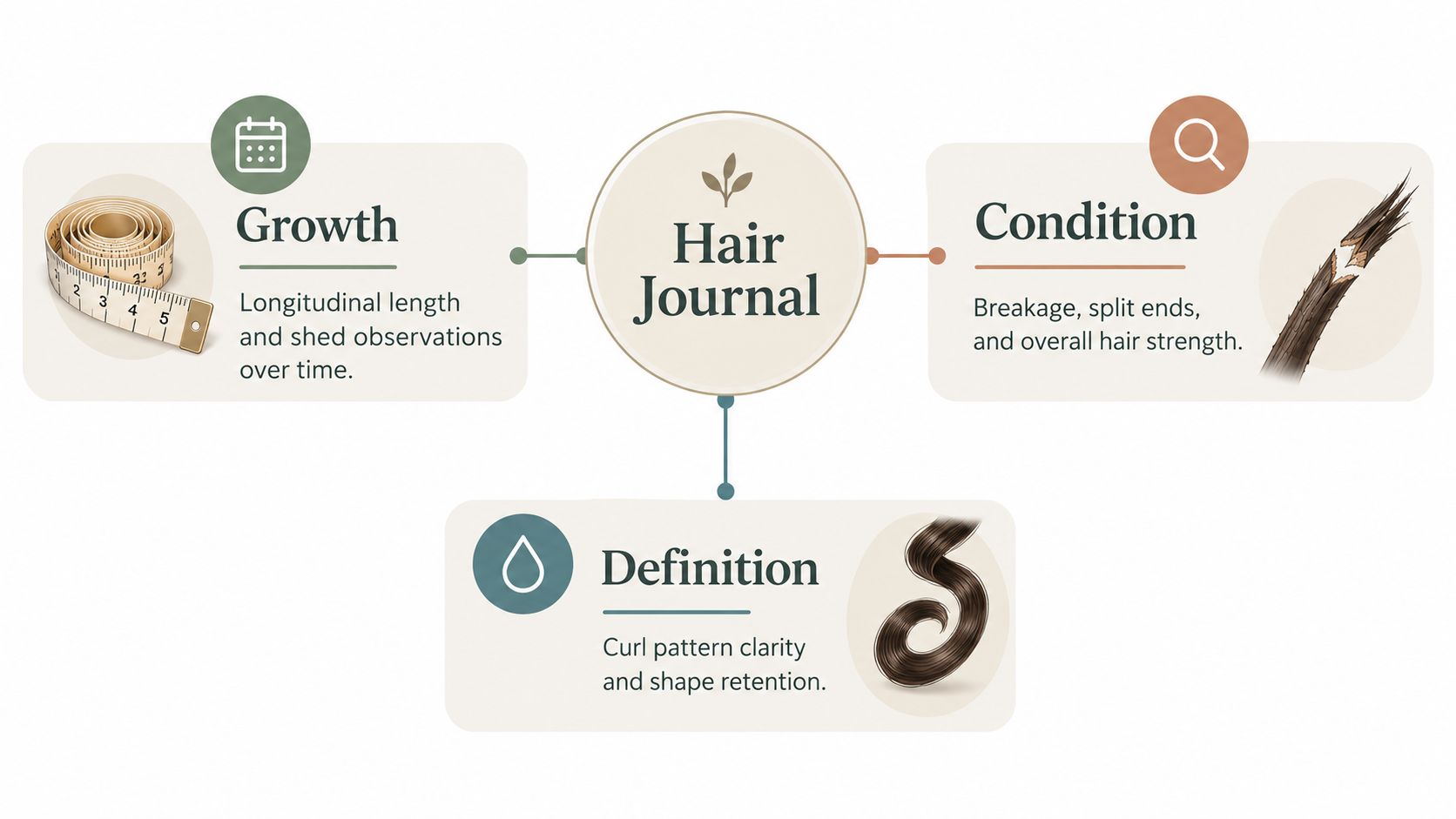 A diagram illustrating the three key pillars of a hair journal: growth, condition, and hair definition.