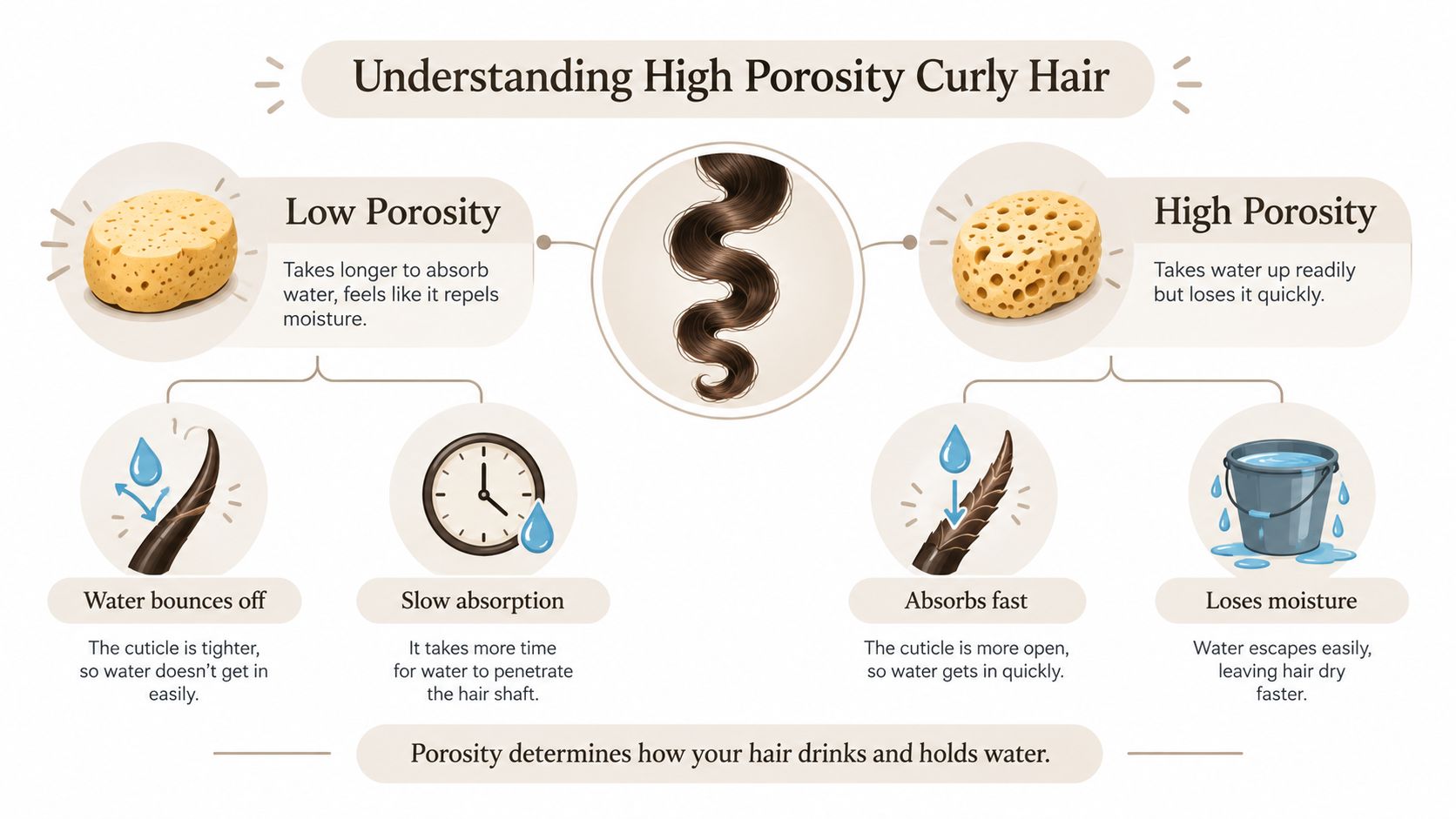 An infographic illustrating the difference between low porosity and high porosity curly hair structures.