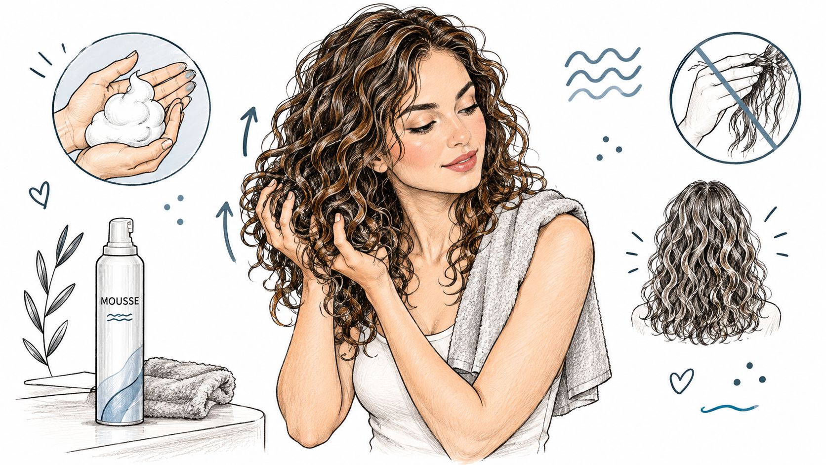 An illustrated guide showing a woman applying volumizing mousse to her curly hair for enhanced volume.