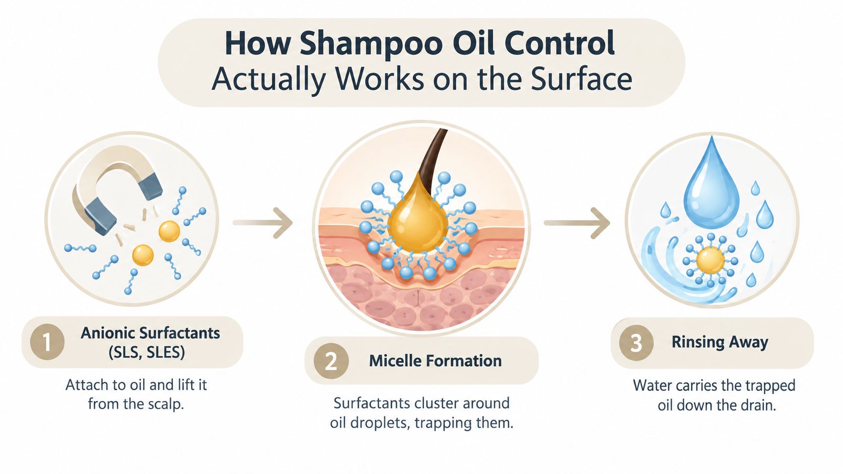 A three-step infographic explaining how shampoo surfactants remove oil from the scalp through micelle formation.