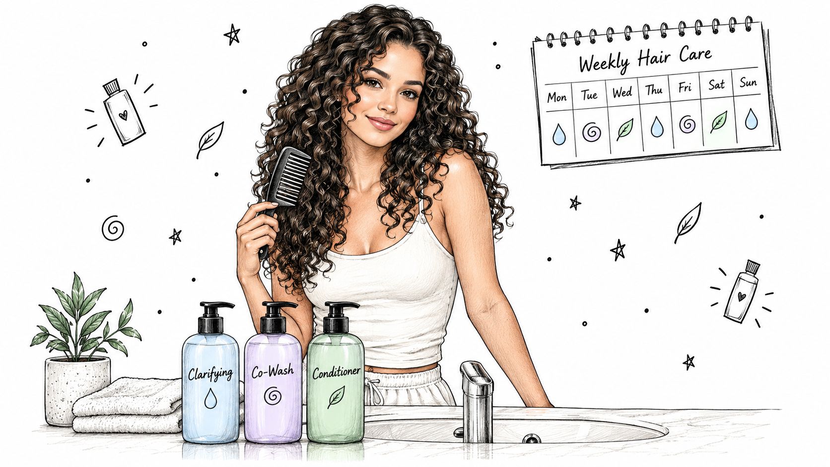 A woman with curly hair stands by a bathroom counter with hair care products and a schedule.