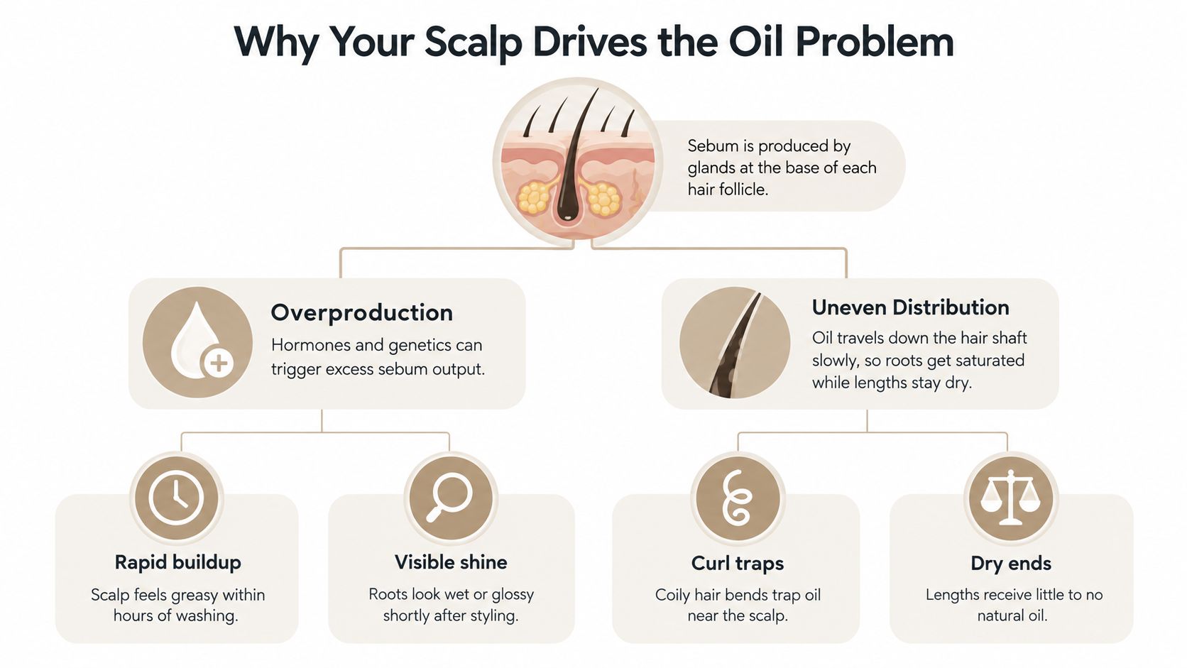 A diagram explaining why the scalp produces excess oil due to overproduction and uneven distribution factors.