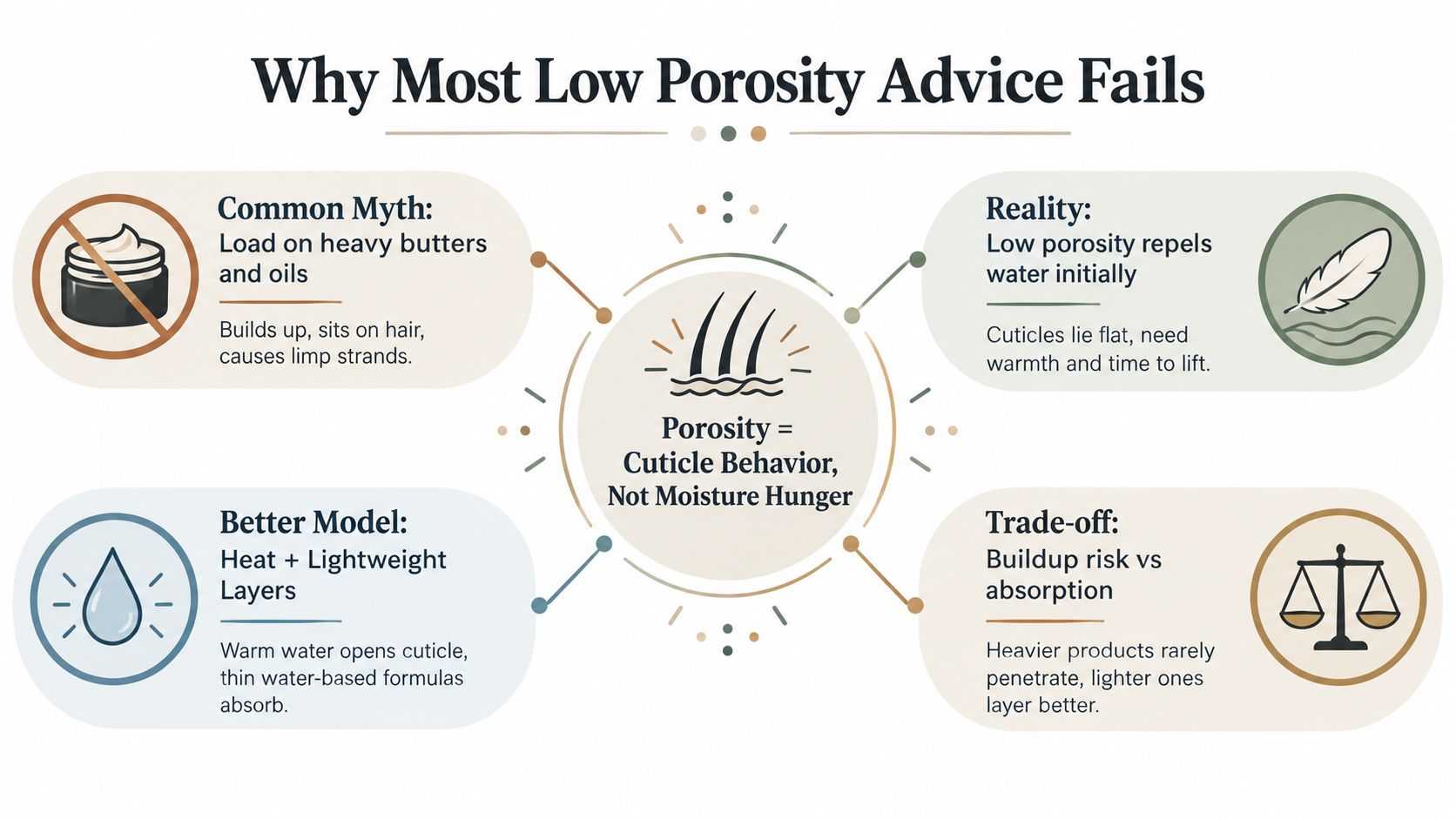 An infographic explaining that low porosity hair care focuses on cuticle behavior rather than moisture hunger.