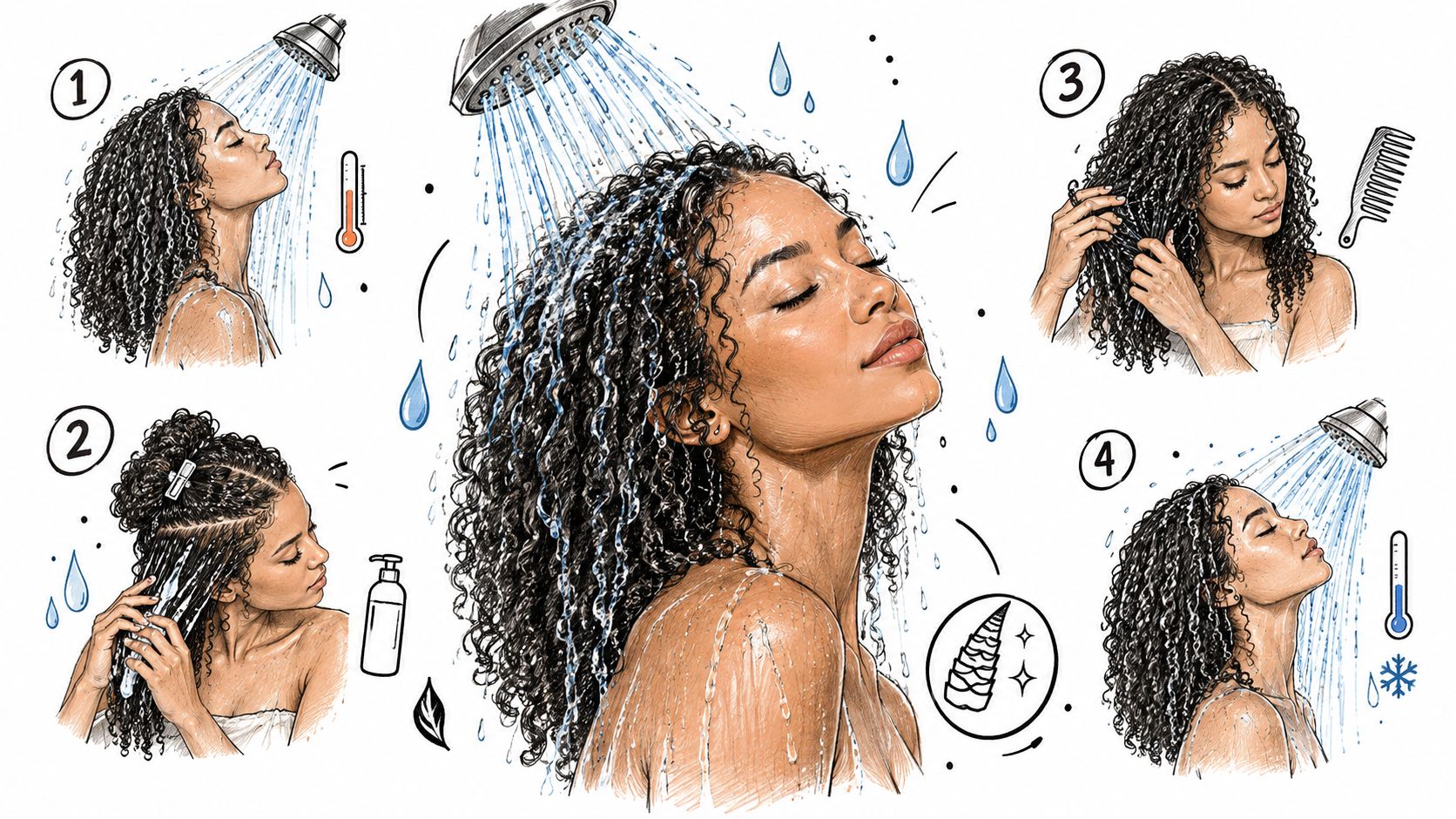 A step-by-step illustration showing a woman with curly hair performing a low porosity hair routine in shower.