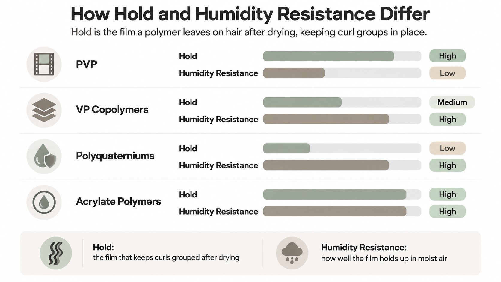 A comparison chart showing how different hair polymers rank for hold and humidity resistance for curly hair.