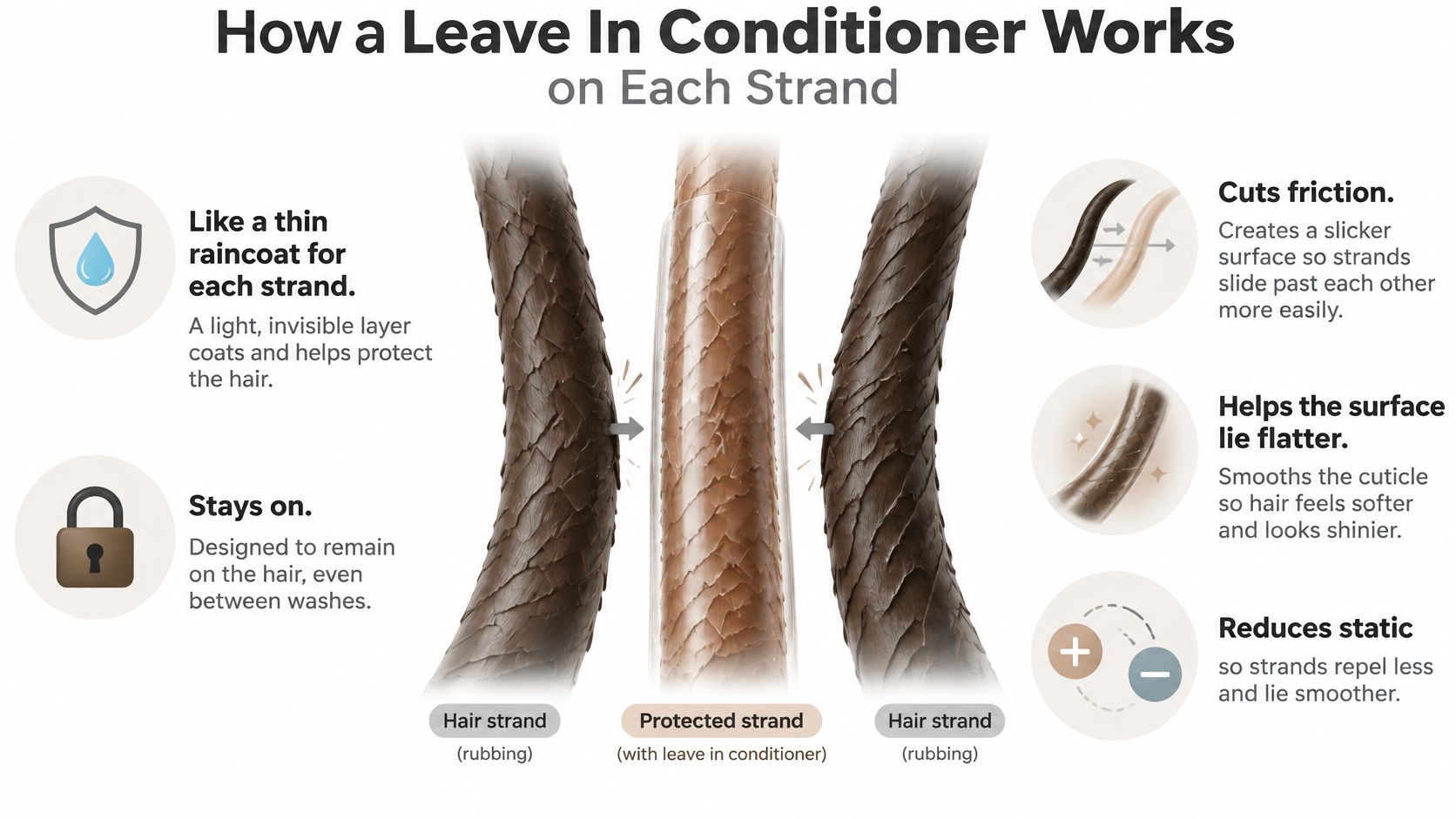 An infographic illustrating how leave-in conditioner protects and smooths individual hair strands to reduce friction and static.