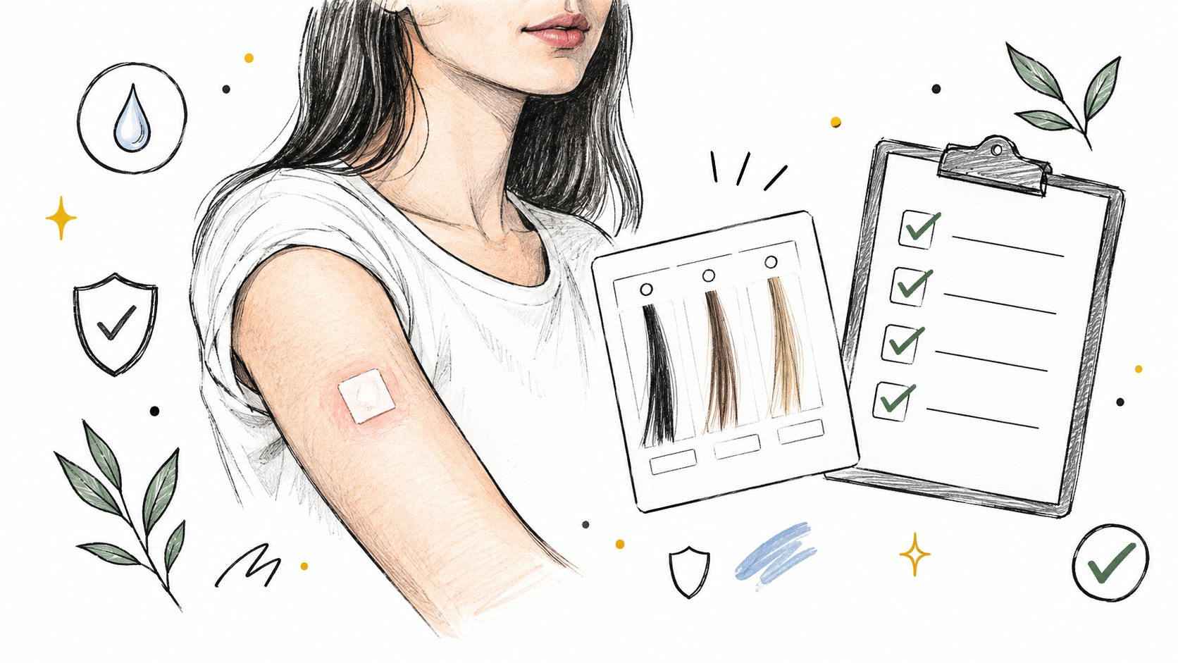 A woman shows a skin allergy test patch on her arm, with hair color samples and a checklist.