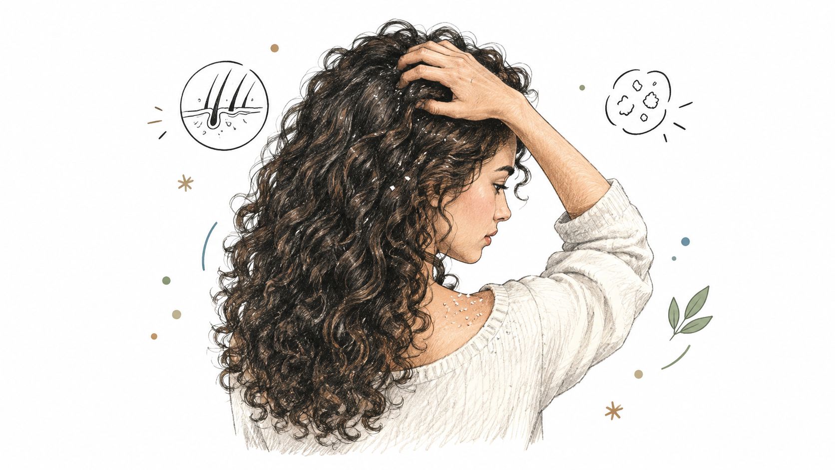A woman with long curly hair touching her scalp, depicting symptoms of dry, flaky scalp conditions.