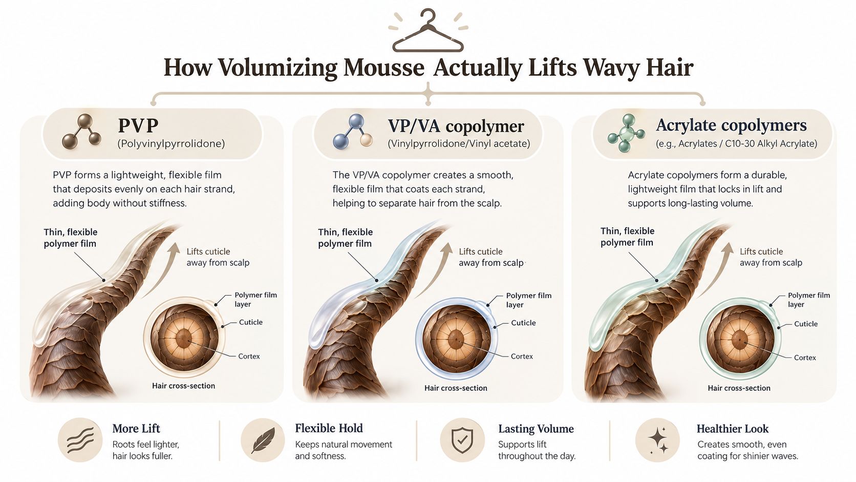 A diagram explaining how different polymer ingredients in volumizing mousse help lift and style wavy hair.