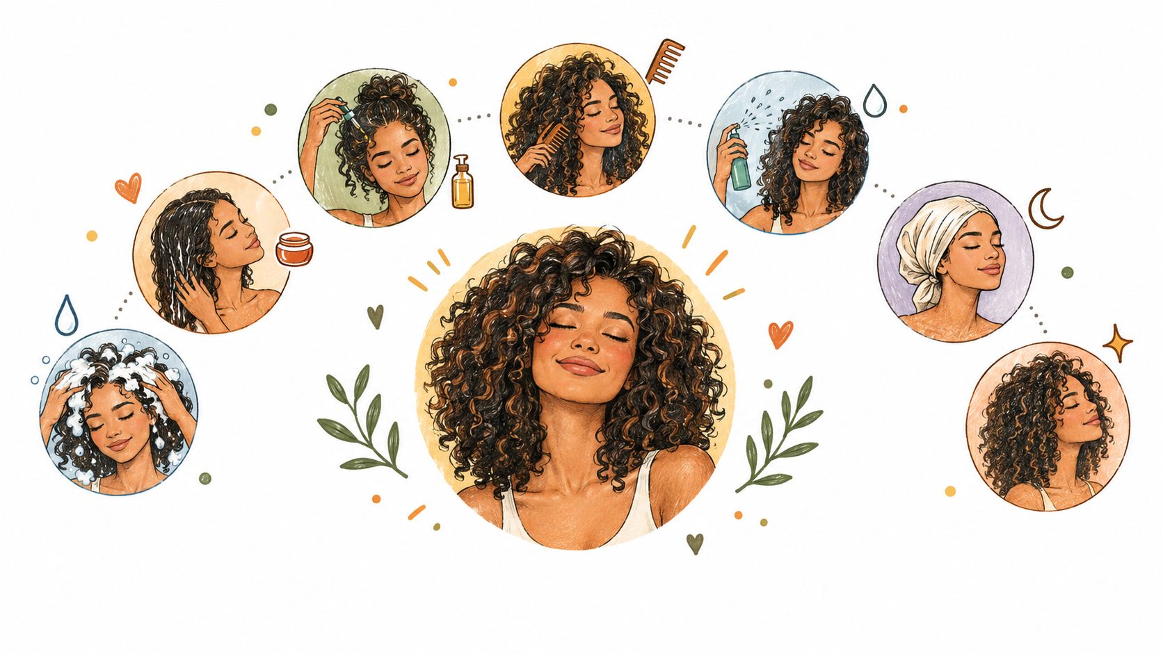 A digital illustration showing a step-by-step curly hair care routine for managing a healthy dry scalp.