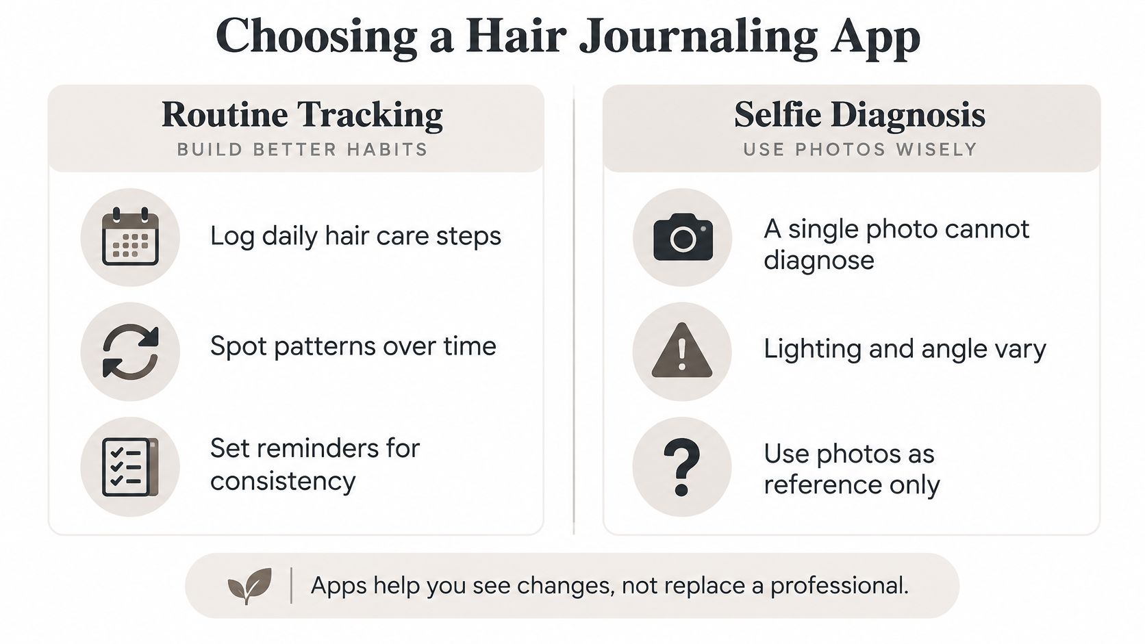 An infographic detailing how to choose a hair journaling app by balancing routine tracking and selfie diagnosis.