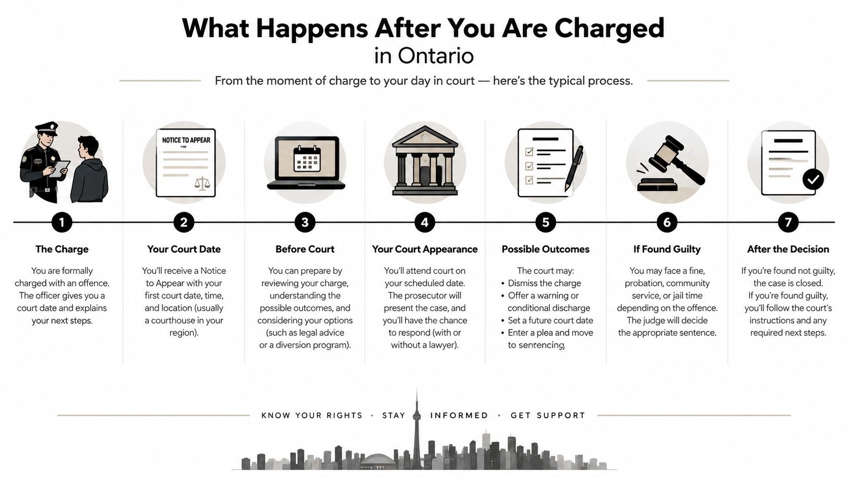 A step-by-step infographic illustrating the typical legal process after being charged with an offence in Ontario.