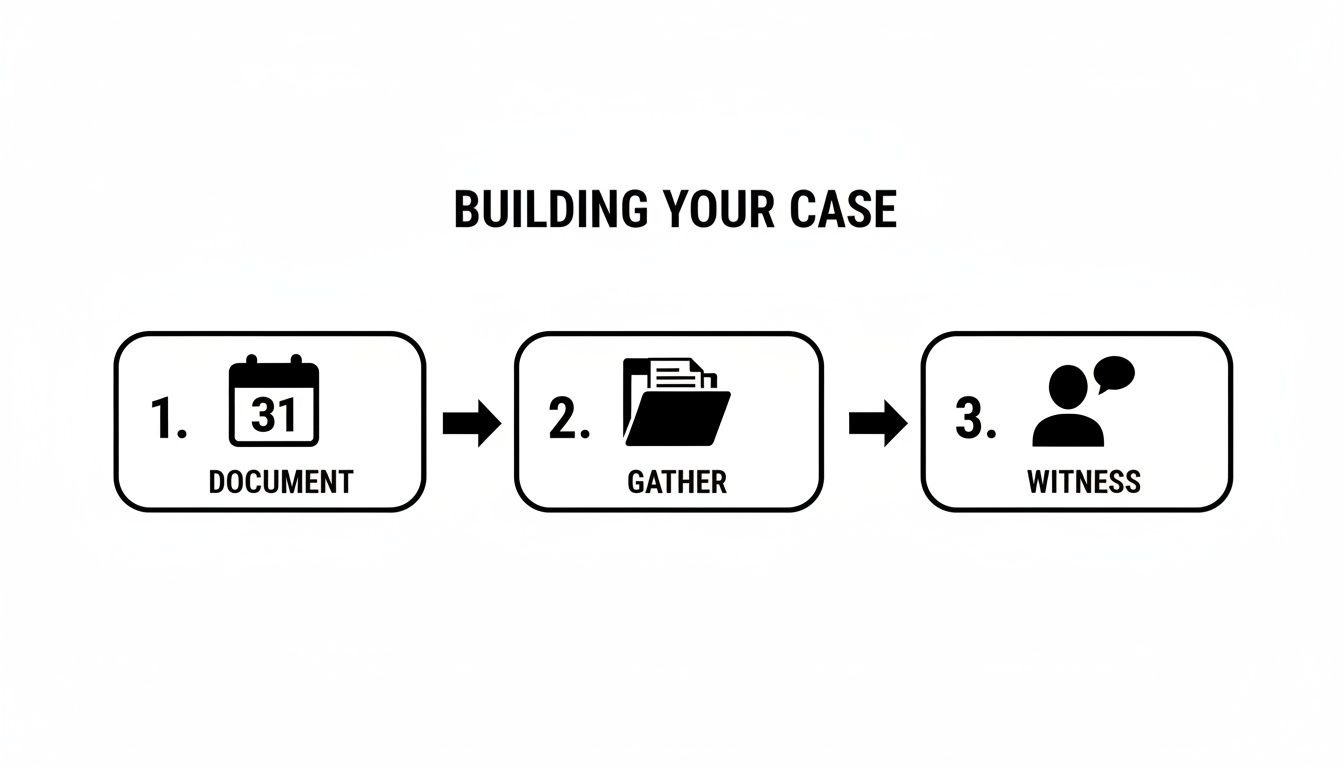 A three-step flowchart showing how to build a case: document, gather, and witness evidence.