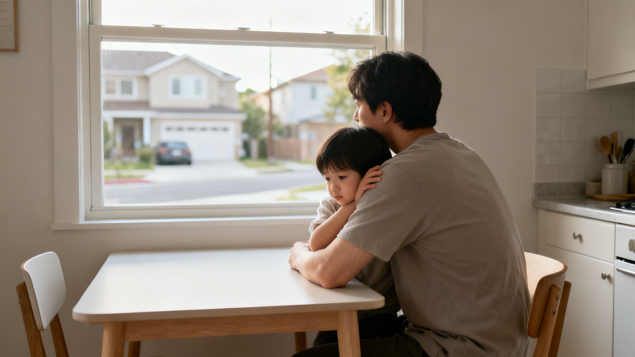 A father comforts his young child sitting at a table, looking out the window.